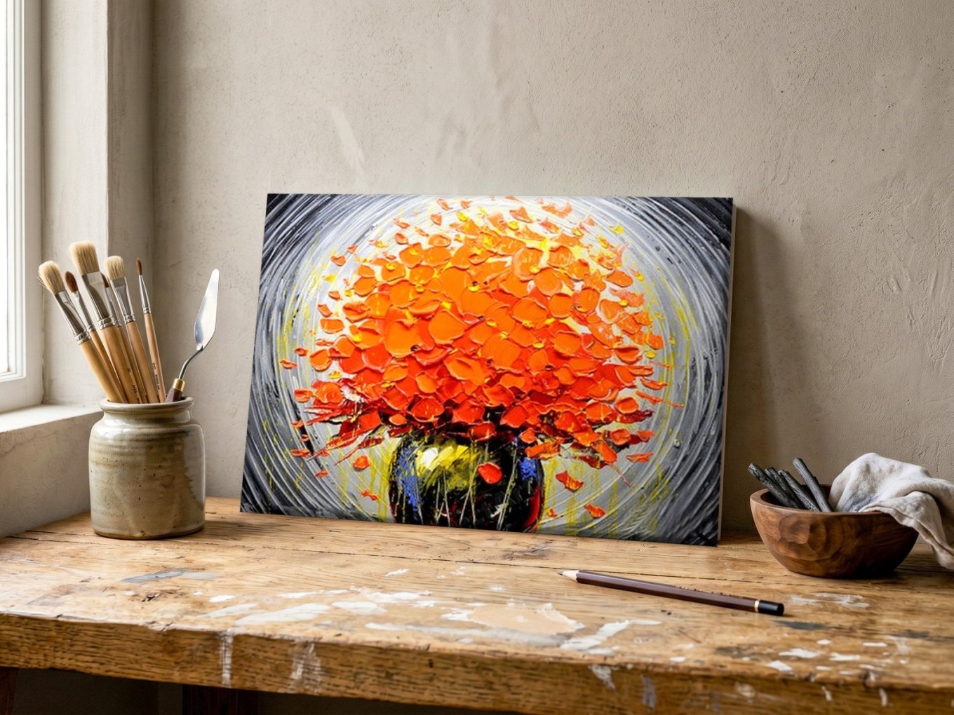 CAS2103-1 Oranje Boeket in Zwarte Vaas, Bloemen & Stilleven schilderij aan de muur in interieur