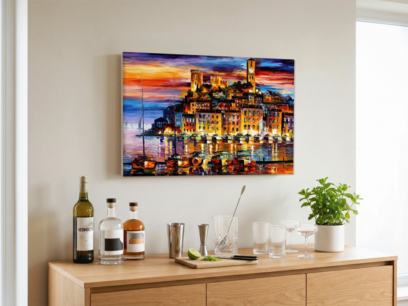 CAS2123-1 Kuststad in Avondgloed, Natuur & Landschap schilderij aan de muur in interieur