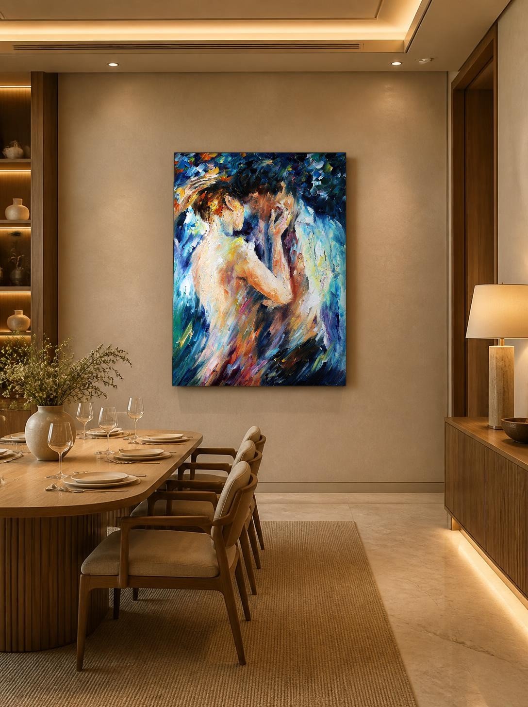 CAS2131-1 Omhelzing in Blauw, Mensen & Portretten schilderij aan de muur in interieur