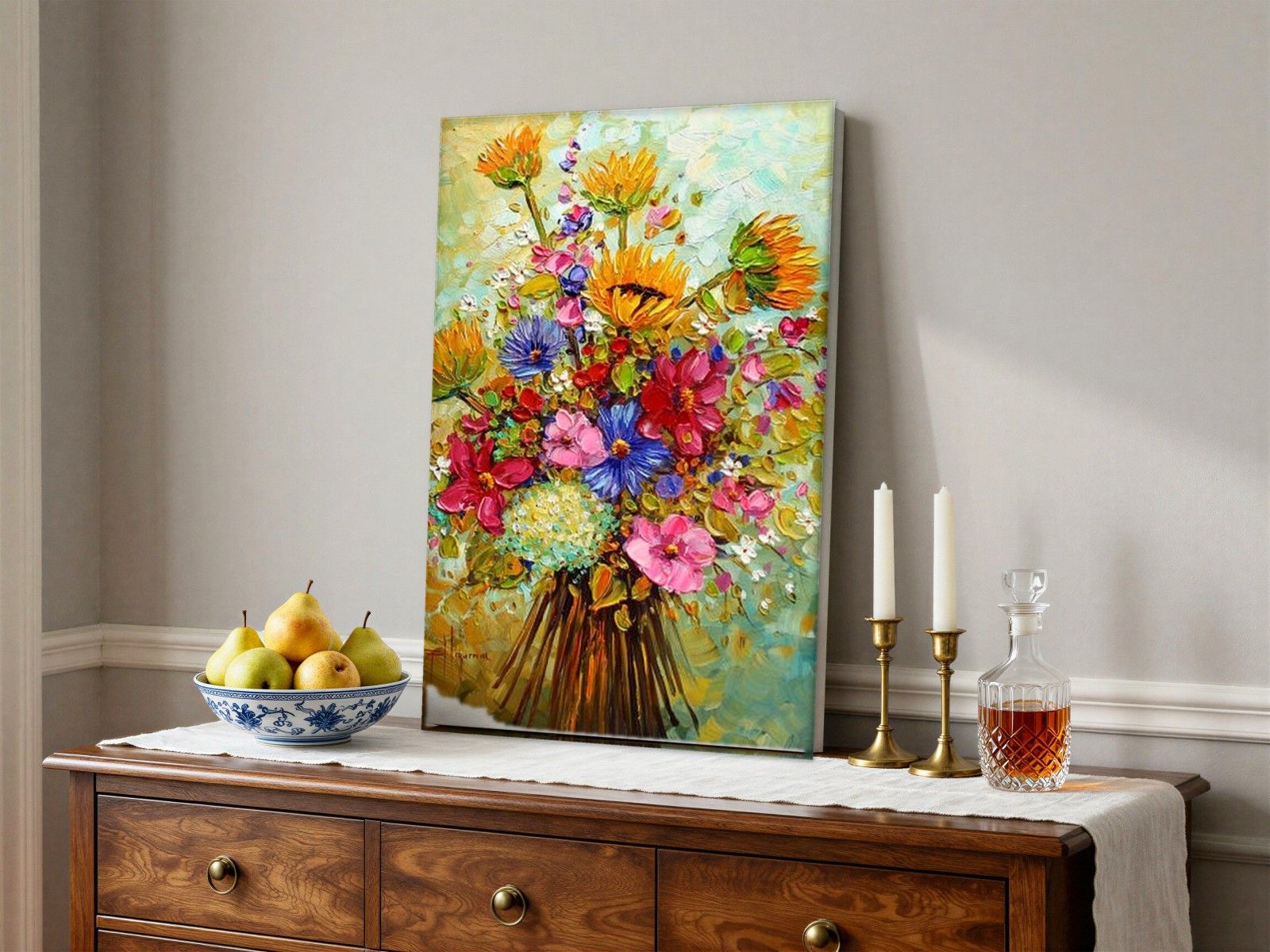 CAS2157-1 Kleurrijk Boeket met Zonnebloemen, Bloemen & Stilleven schilderij aan de muur in interieur