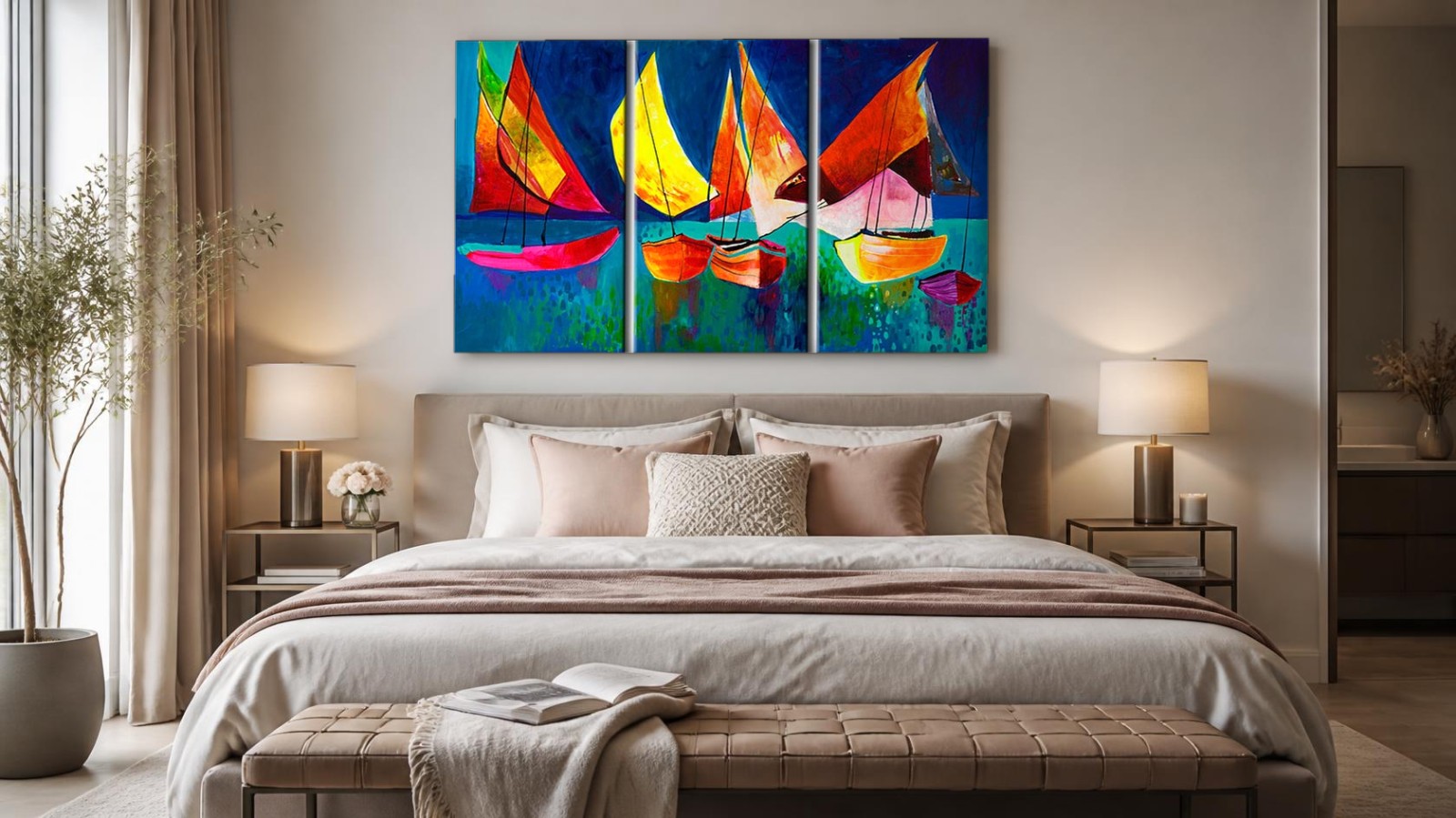 CAS2159-1 Kleurrijke Zeilboten in de Haven, Natuur & Landschap schilderij aan de muur in interieur