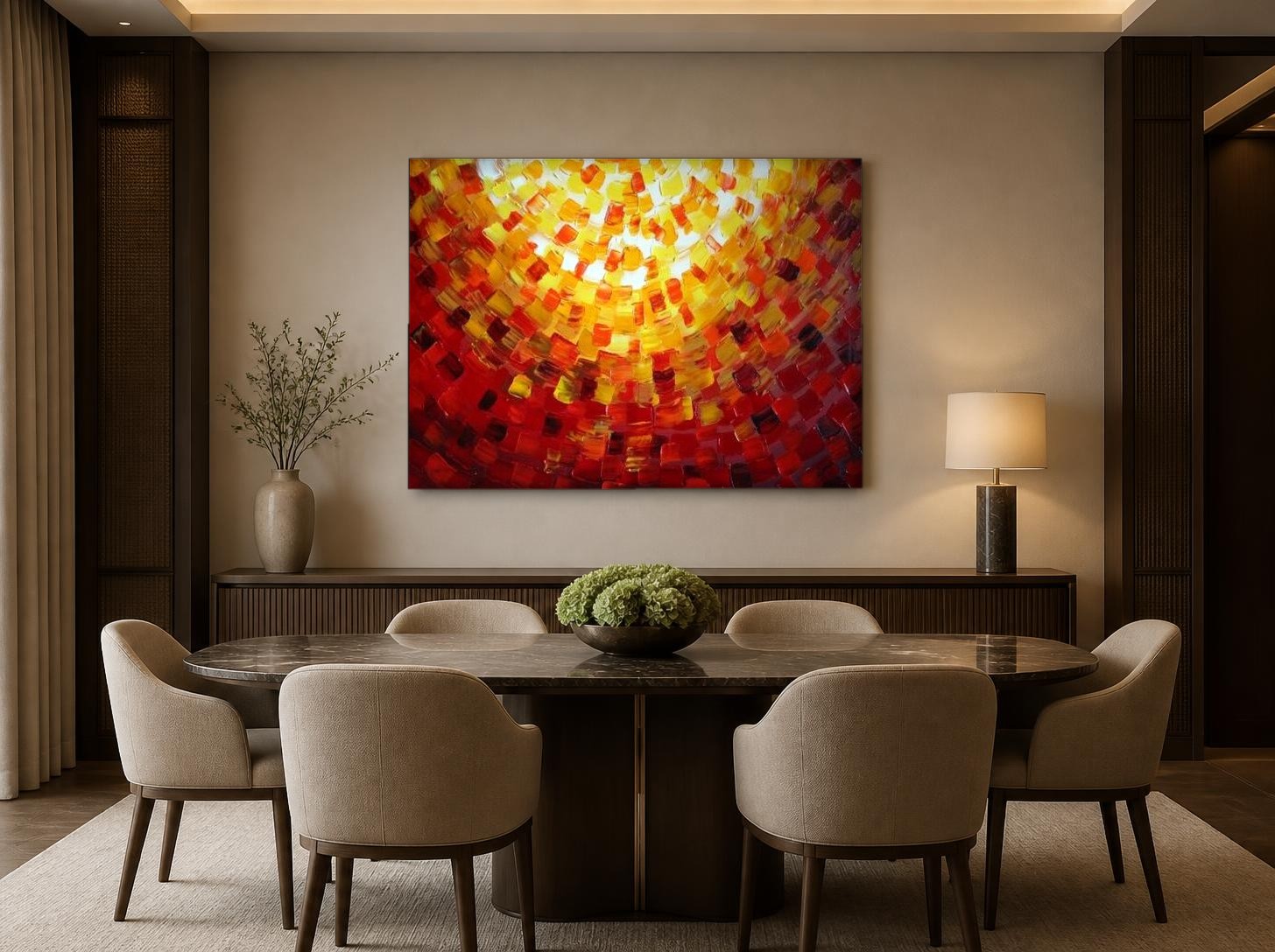 CAS2160-1 Gouden Zonnestraal Mozaïek, Abstract & Modern schilderij aan de muur in interieur