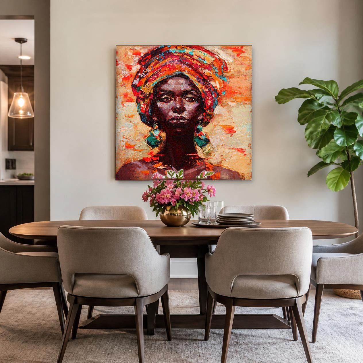 CAS218-1 Vrouw met kleurrijke tulband, Mensen & Portretten schilderij aan de muur in interieur