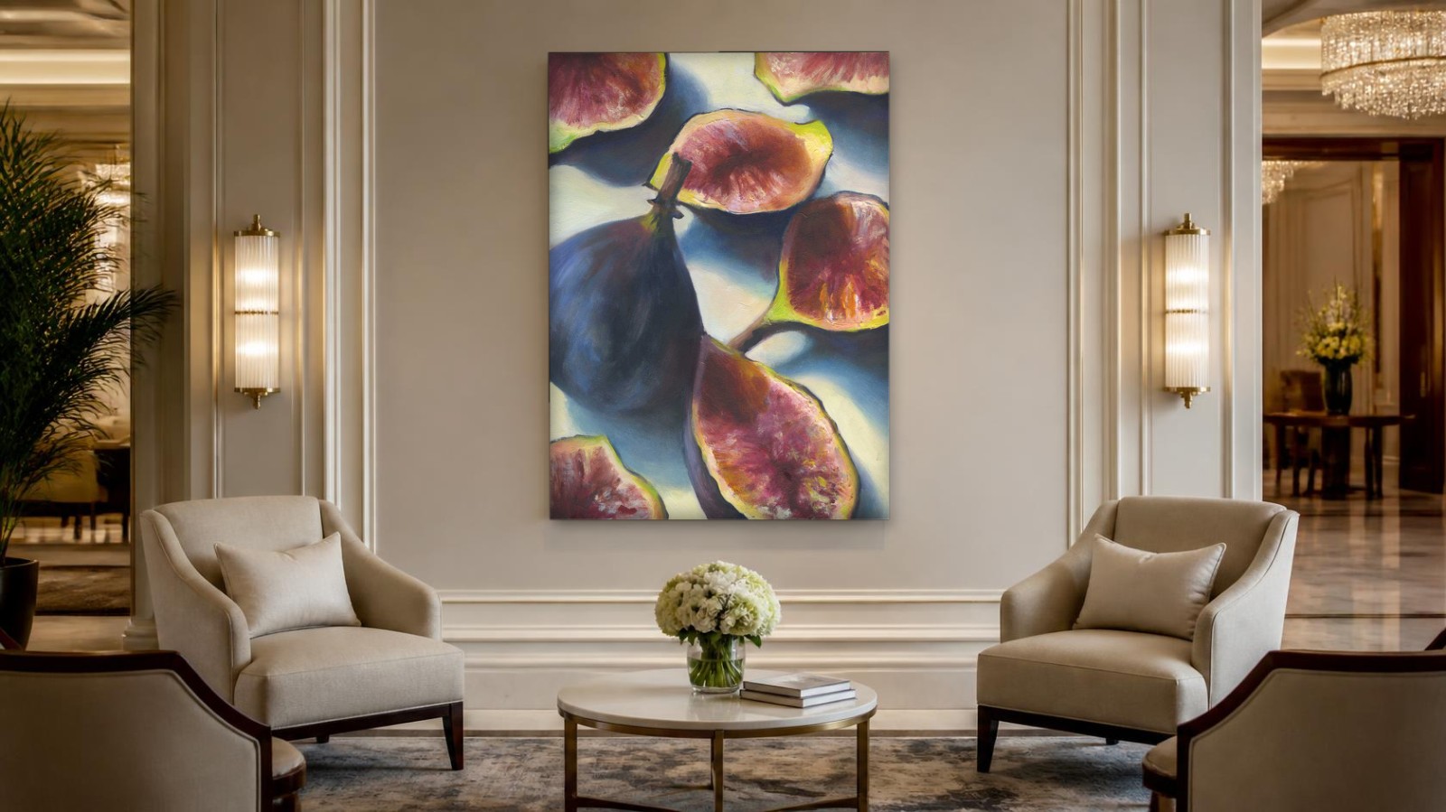 CAS233-1 Opengesneden vijgen in ochtendlicht, Bloemen & Stilleven schilderij aan de muur in interieur