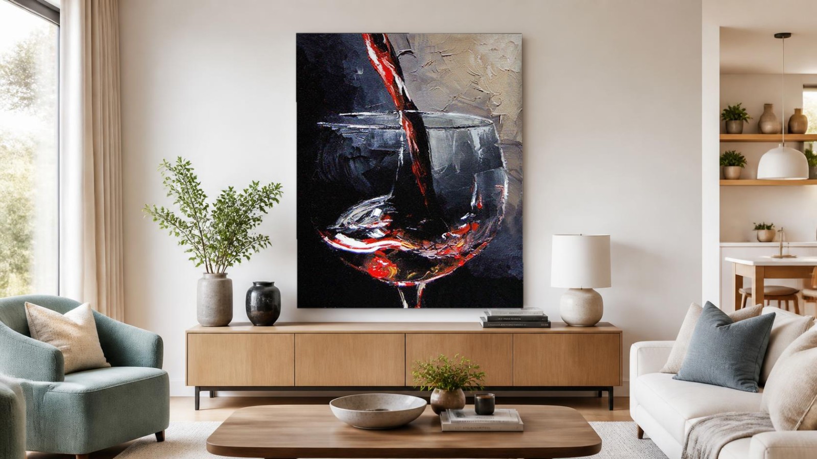 CAS243-1 Rode wijn ingeschonken, Bloemen & Stilleven schilderij aan de muur in interieur