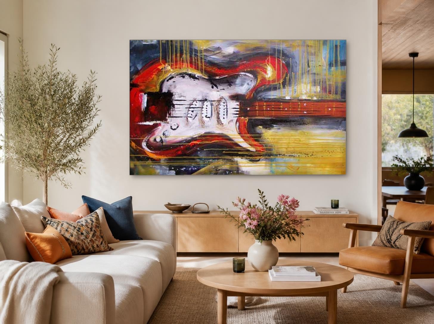 CAS251-1 Rode Elektrische Gitaar, Mensen & Portretten schilderij aan de muur in interieur