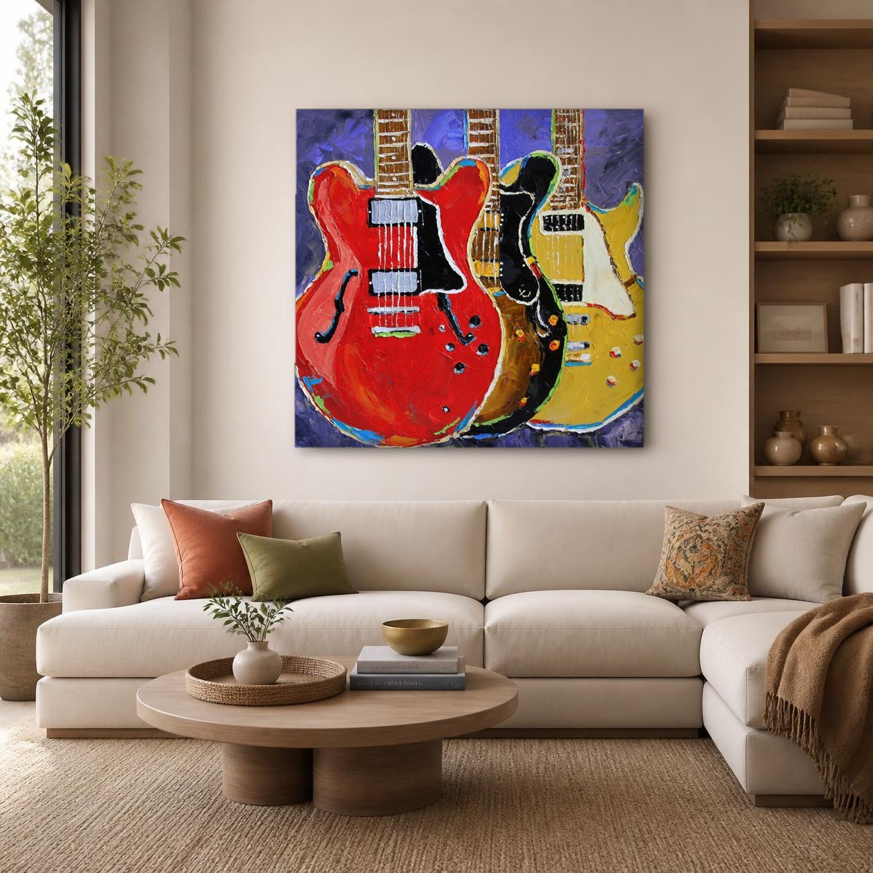 CAS259-1 Drie gitaren in kleur, Mensen & Portretten schilderij aan de muur in interieur