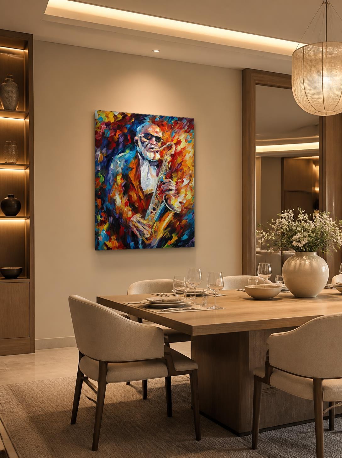 CAS263-1 Saxofonist in Jazzkleuren, Mensen & Portretten schilderij aan de muur in interieur