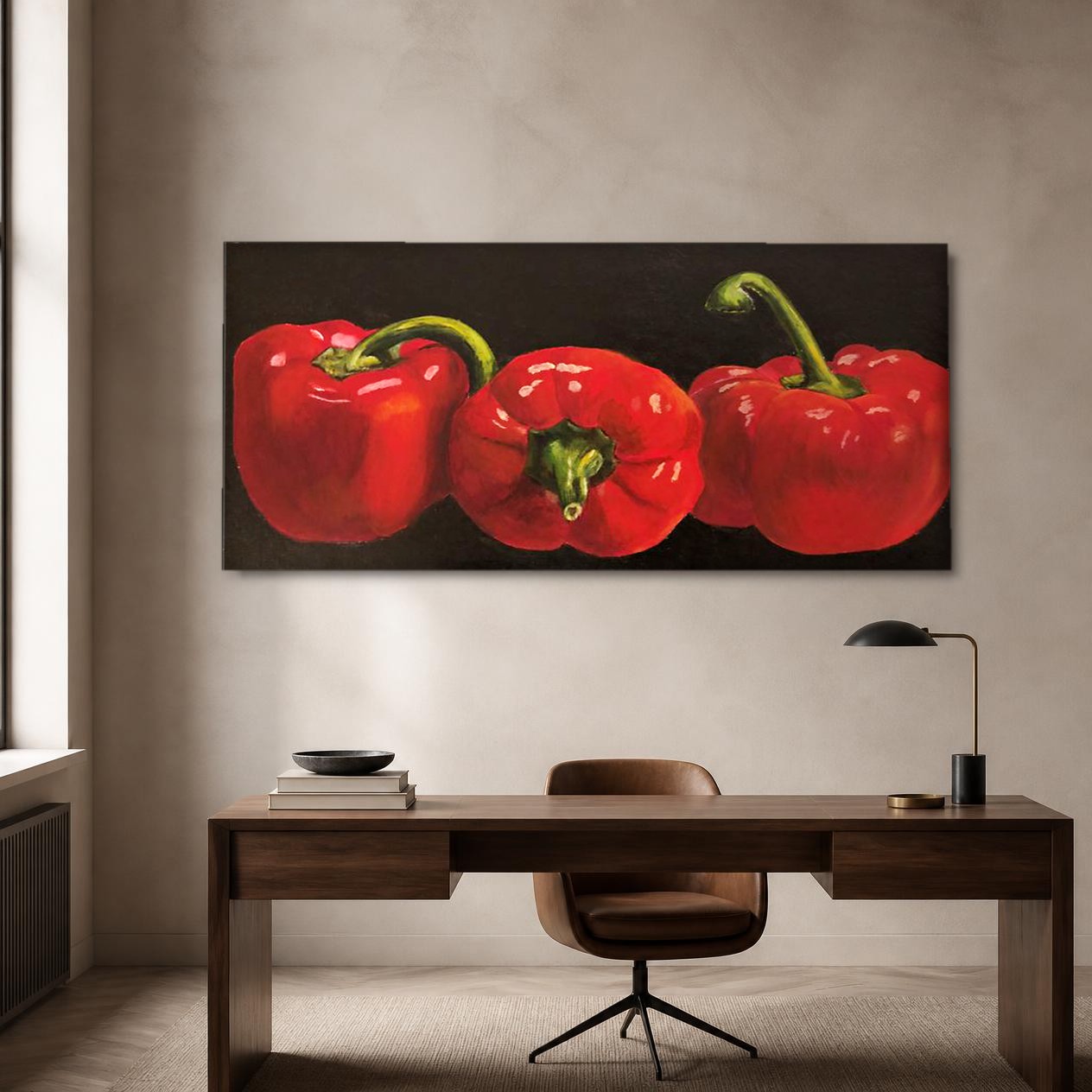 CAS272-1 Rode paprika's in de schijnwerpers, Bloemen & Stilleven schilderij aan de muur in interieur