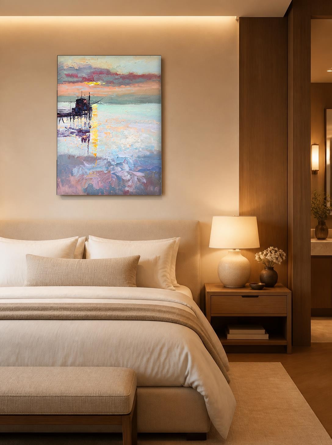 CAS314-1 Zonsondergang bij de Vissteiger, Natuur & Landschap schilderij aan de muur in interieur