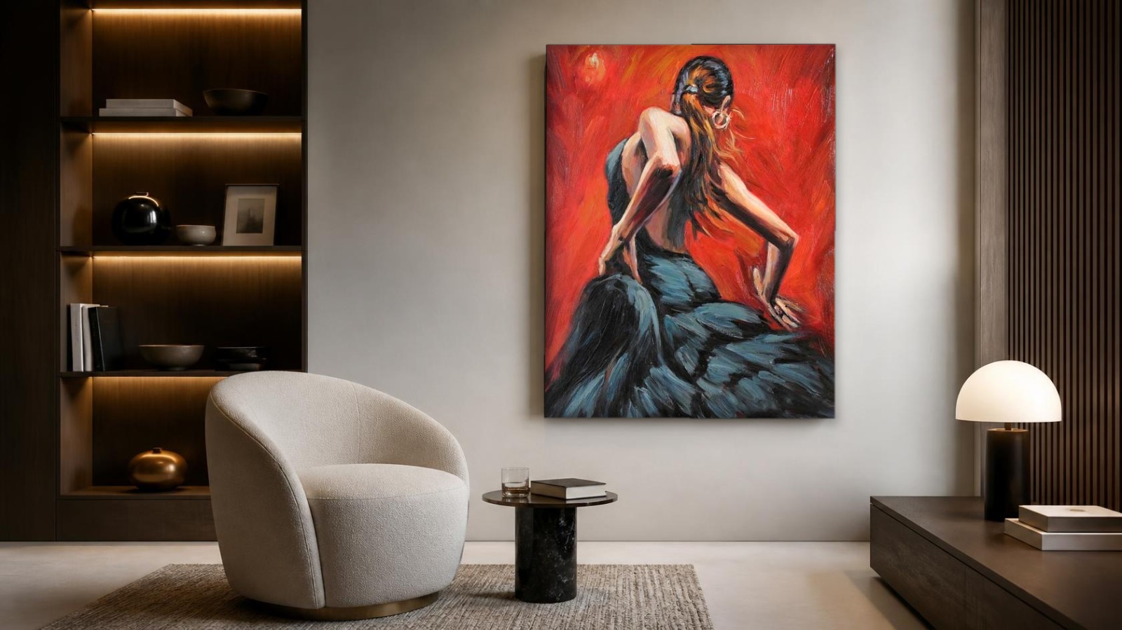 CAS318-1 Flamencodanseres in zwart, Mensen & Portretten schilderij aan de muur in interieur