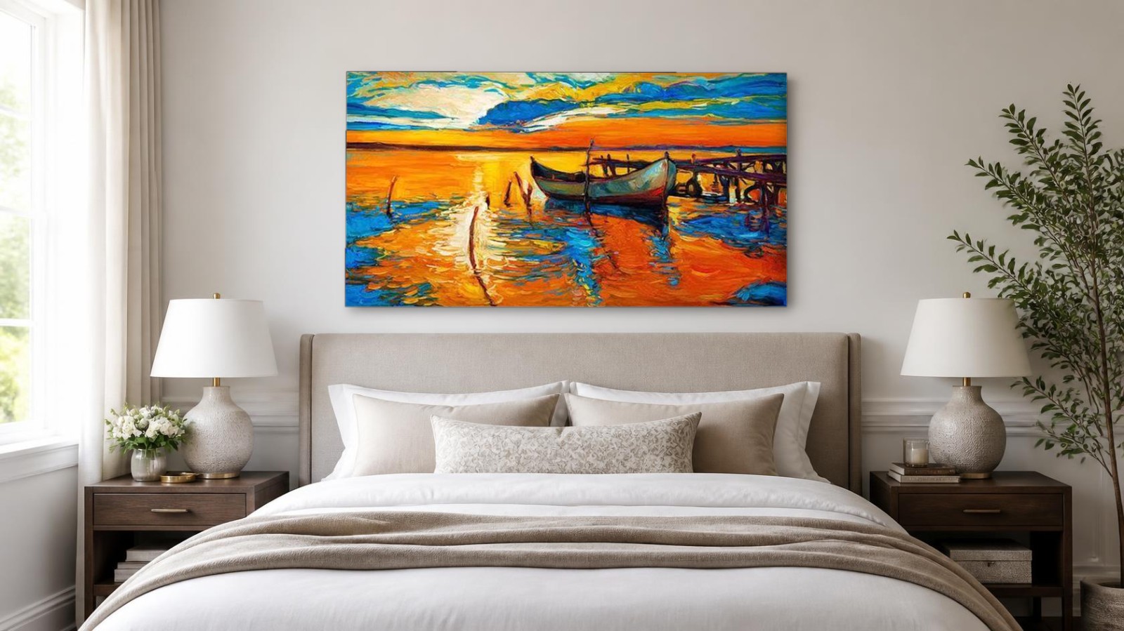 CAS344-1 Boten bij Zonsondergang, Natuur & Landschap schilderij aan de muur in interieur
