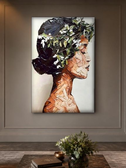 Vrouw met bloemenkroon in profiel, Mensen & Portretten schilderij aan de muur in interieur