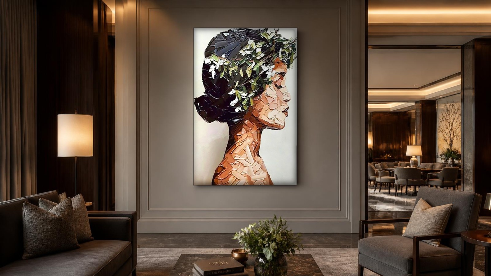 CAS352-1 Vrouw met bloemenkroon in profiel, Mensen & Portretten schilderij aan de muur in interieur