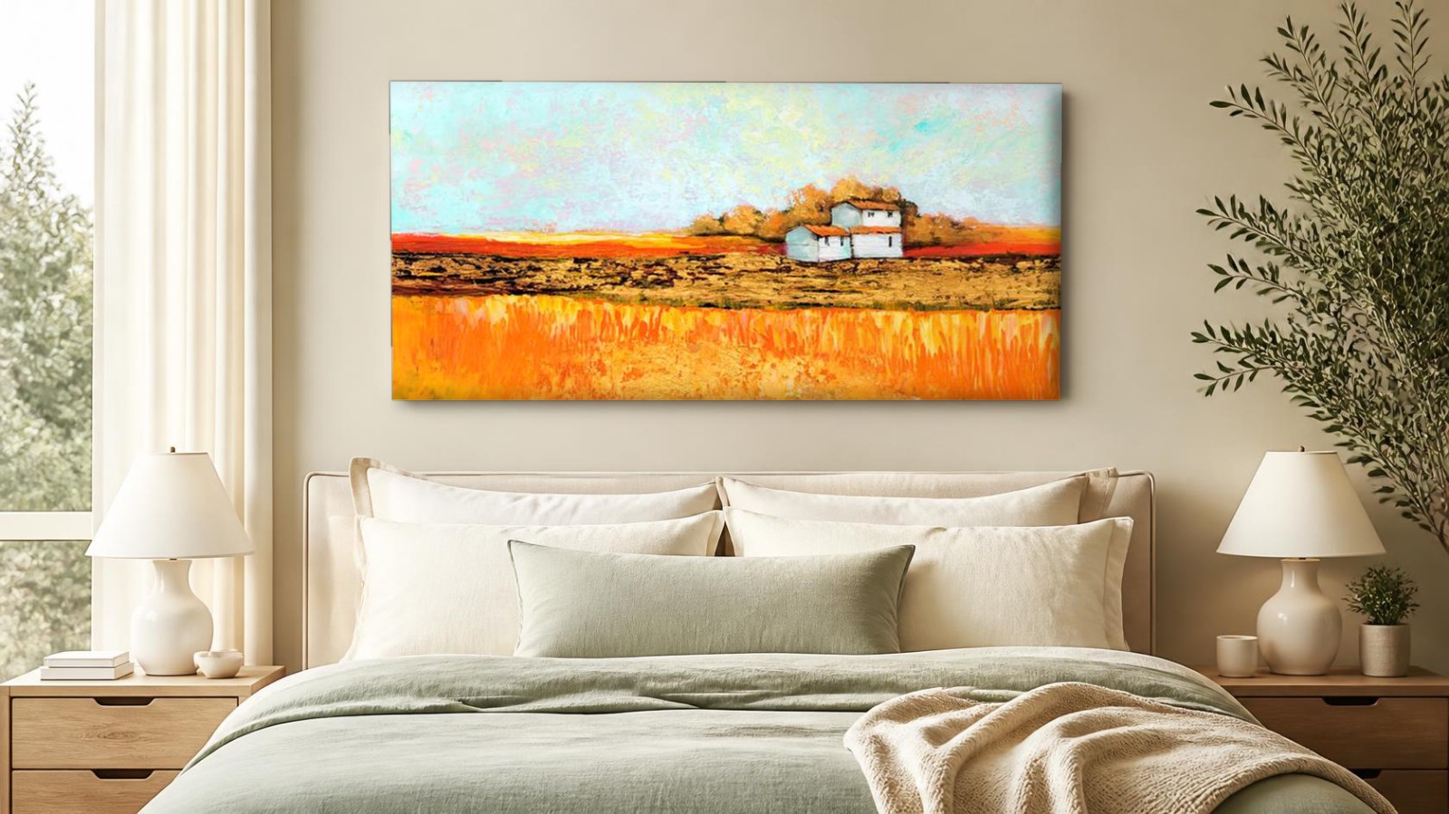 CAS353-1 Boerderij in Oranje Velden, Natuur & Landschap schilderij aan de muur in interieur
