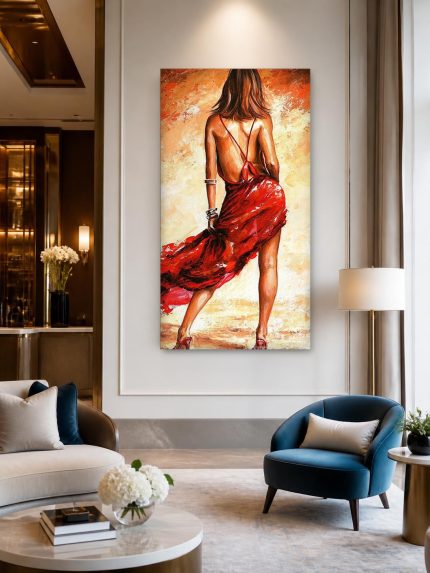 Vrouw in wapperende rode jurk, Mensen & Portretten schilderij aan de muur in interieur