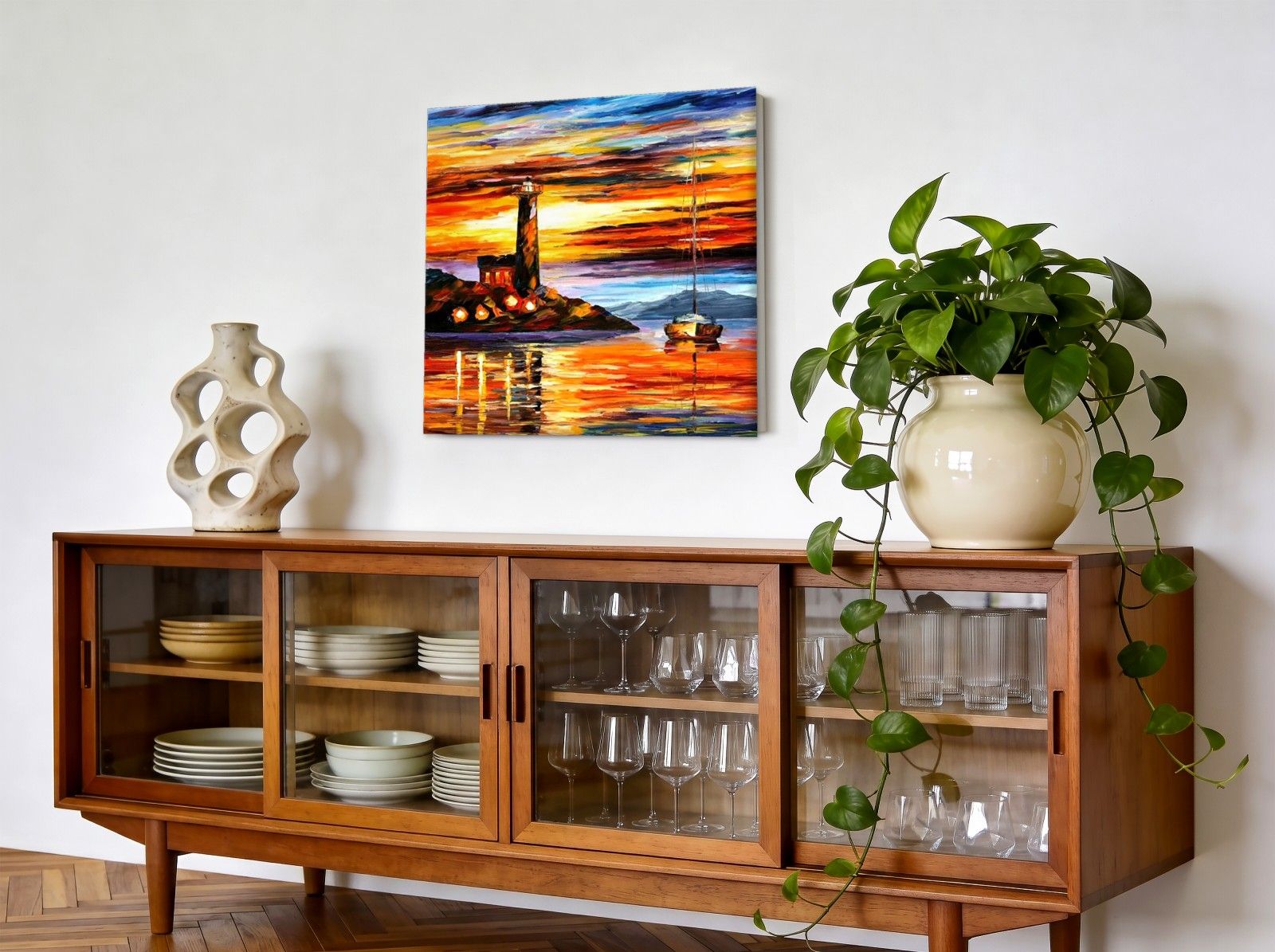 CAS362-1 Vuurtoren bij Zonsondergang, Natuur & Landschap schilderij aan de muur in interieur
