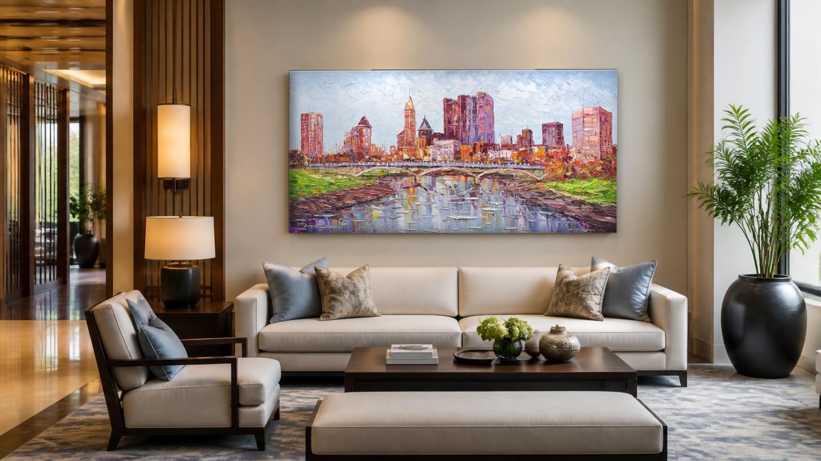 CAS396-1 Kleurrijke Skyline aan de Rivier, Steden & Skylines schilderij aan de muur in interieur