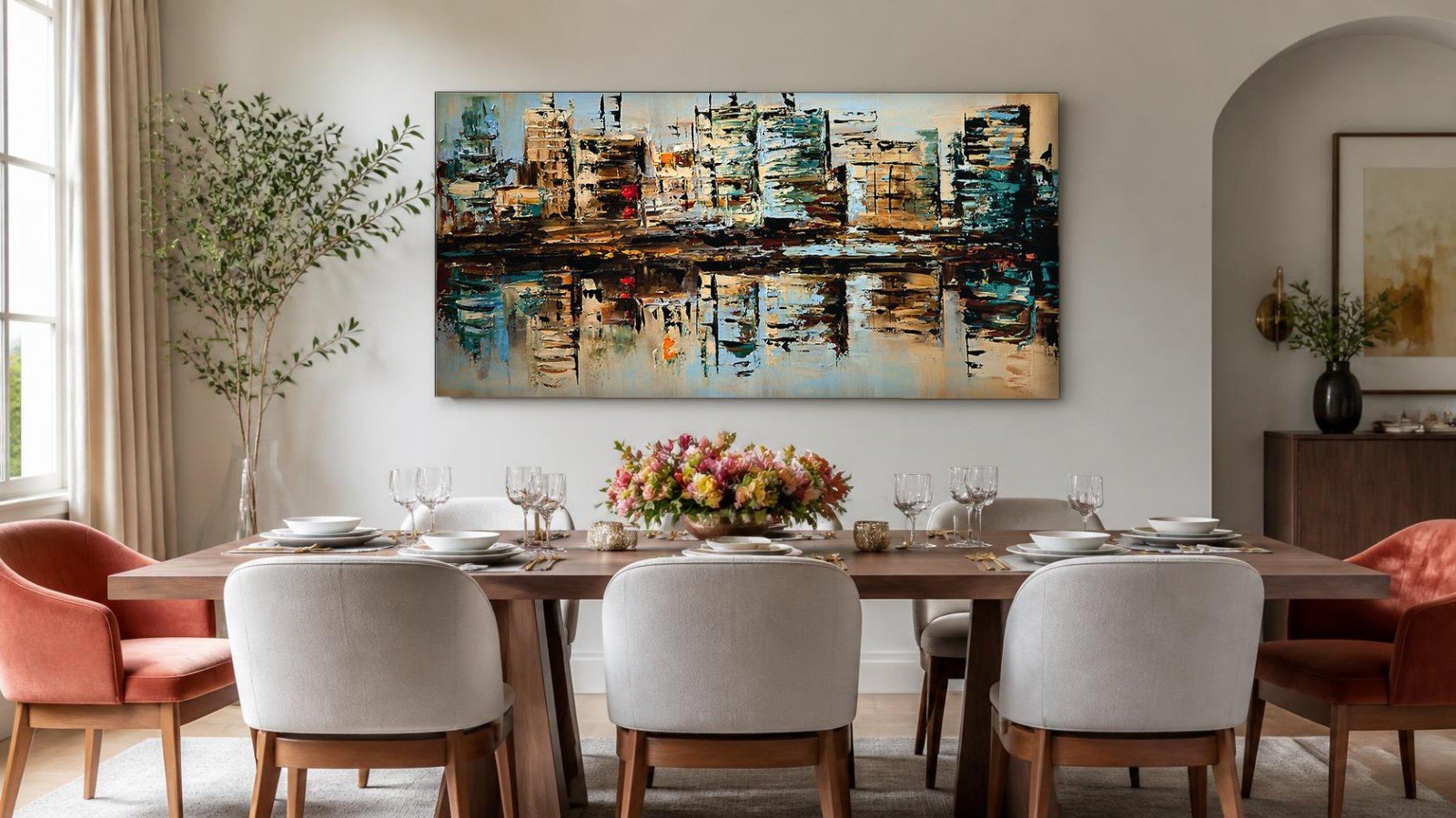 CAS410-1 Skyline in Spiegelwater, Steden & Skylines schilderij aan de muur in interieur