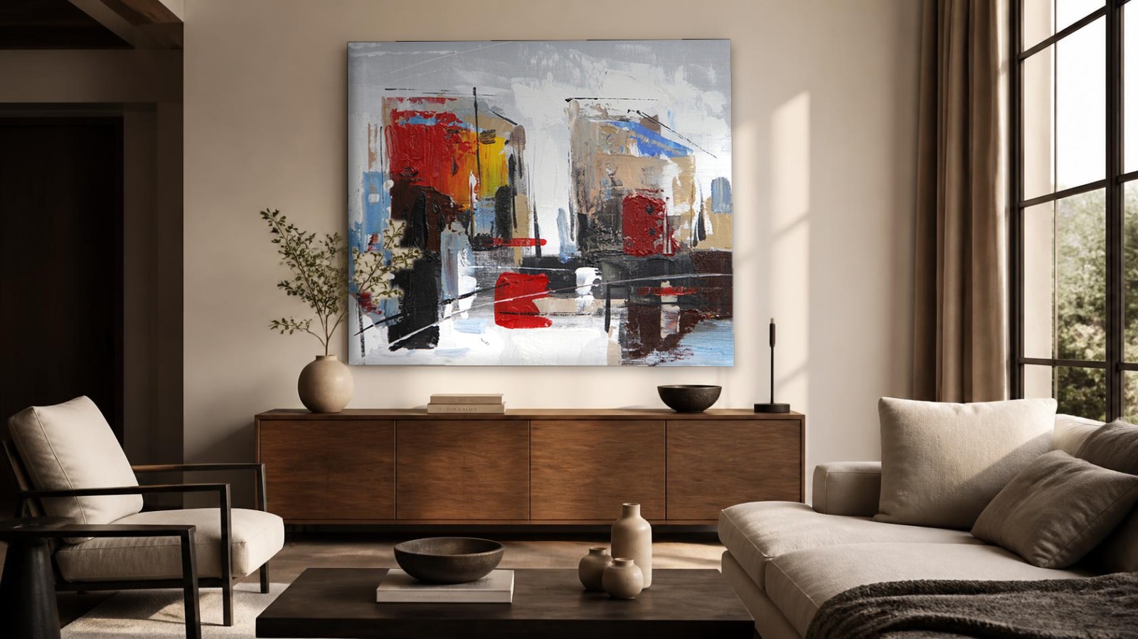 CAS412-1 Stedelijke Reflecties in Rood, Steden & Skylines schilderij aan de muur in interieur
