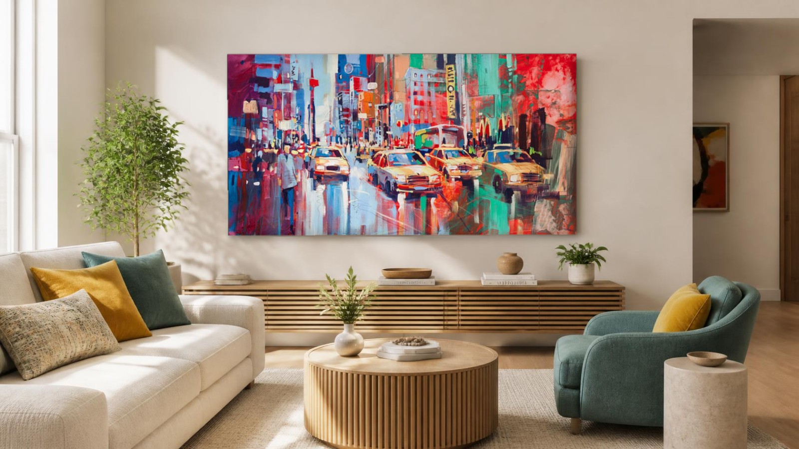 CAS422-1 New York taxi's in de regen, Steden & Skylines schilderij aan de muur in interieur