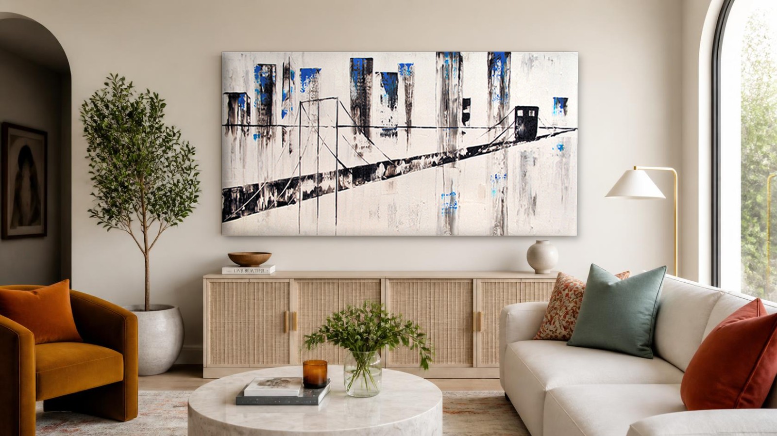 CAS426-1 Skyline met hangbrug, Steden & Skylines schilderij aan de muur in interieur