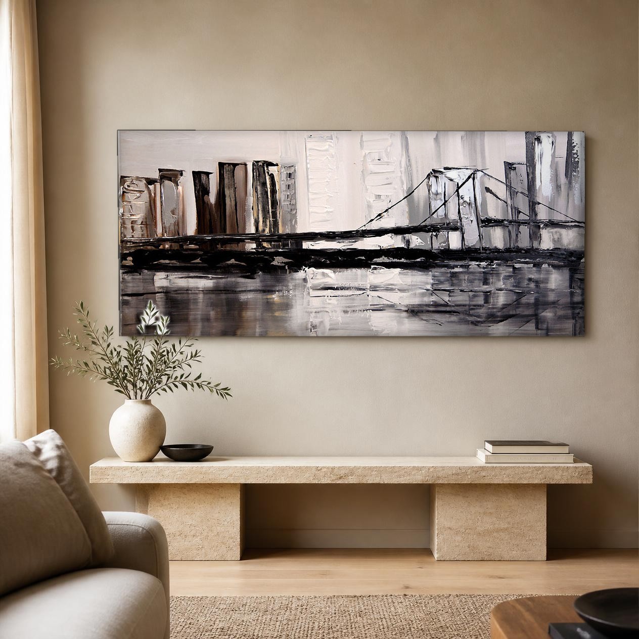 CAS427-1 Hangbrug over de rivier, Steden & Skylines schilderij aan de muur in interieur