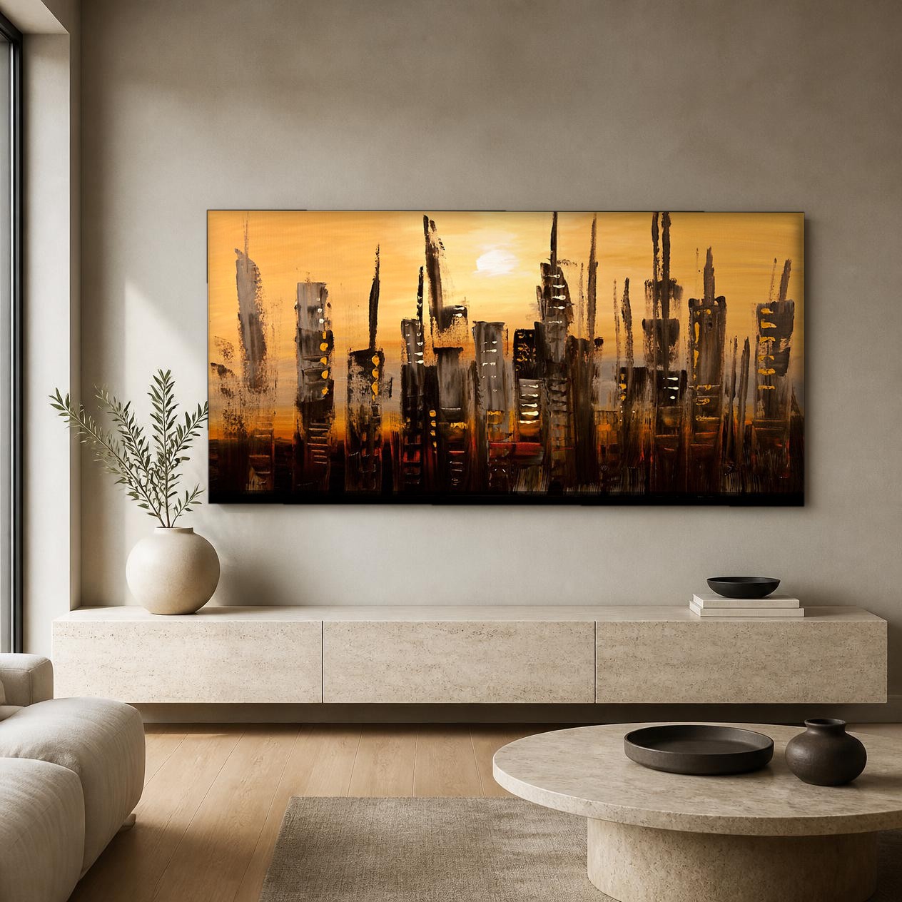CAS433-1 Skyline in Gouden Gloed, Steden & Skylines schilderij aan de muur in interieur