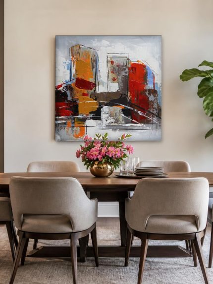 Rode Gevels in Abstracte Stad, Steden & Skylines schilderij aan de muur in interieur