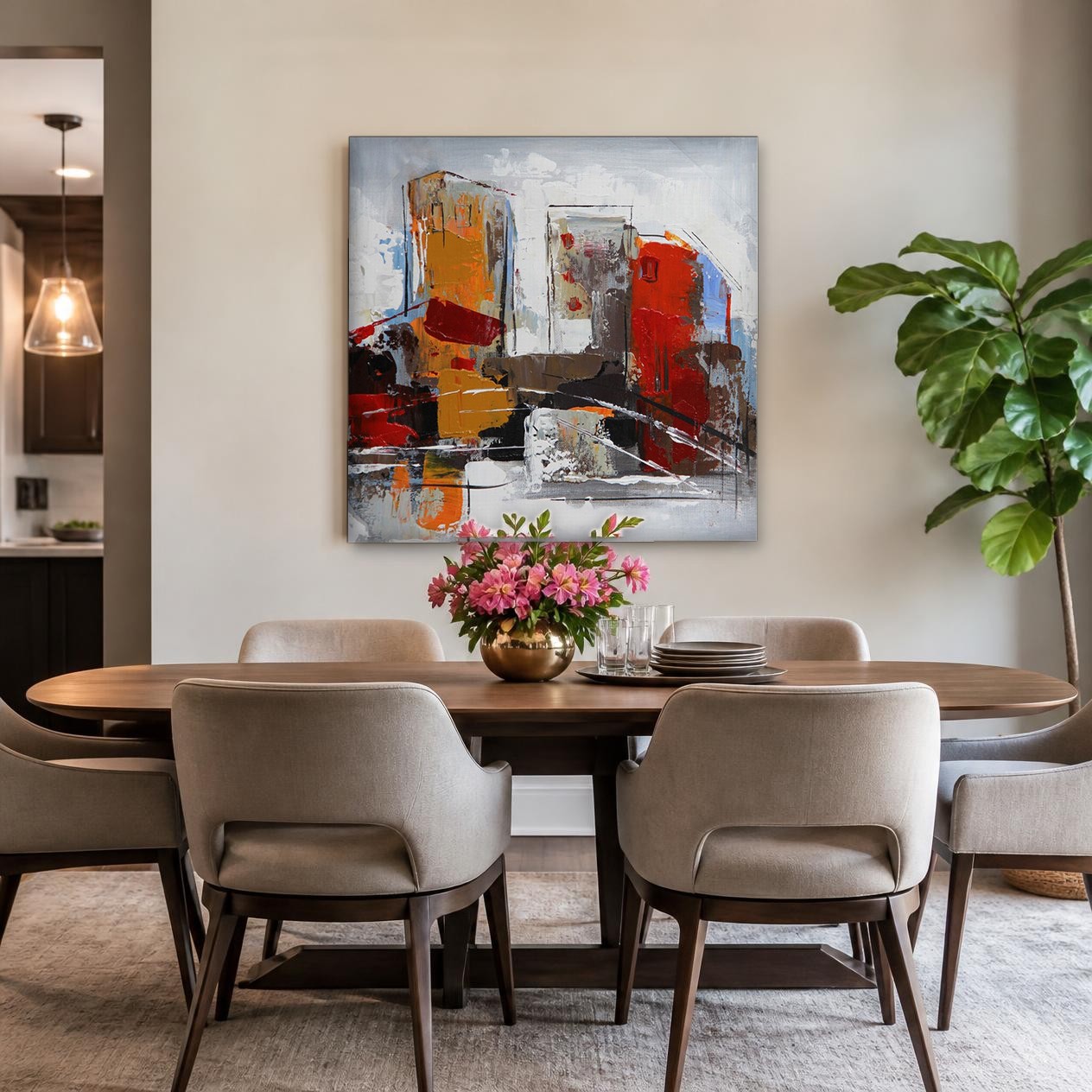 CAS447-1 Rode Gevels in Abstracte Stad, Steden & Skylines schilderij aan de muur in interieur
