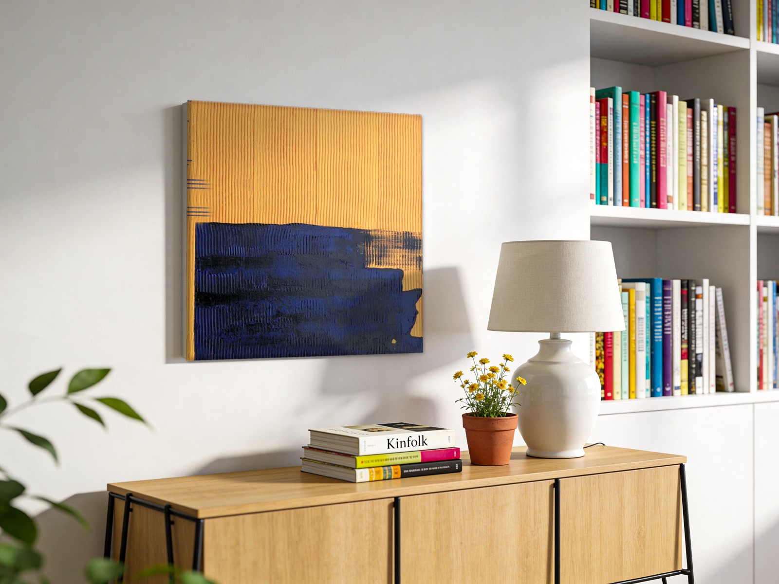 CAS450-1 Geel en Blauw in Evenwicht, Abstract & Modern schilderij aan de muur in interieur