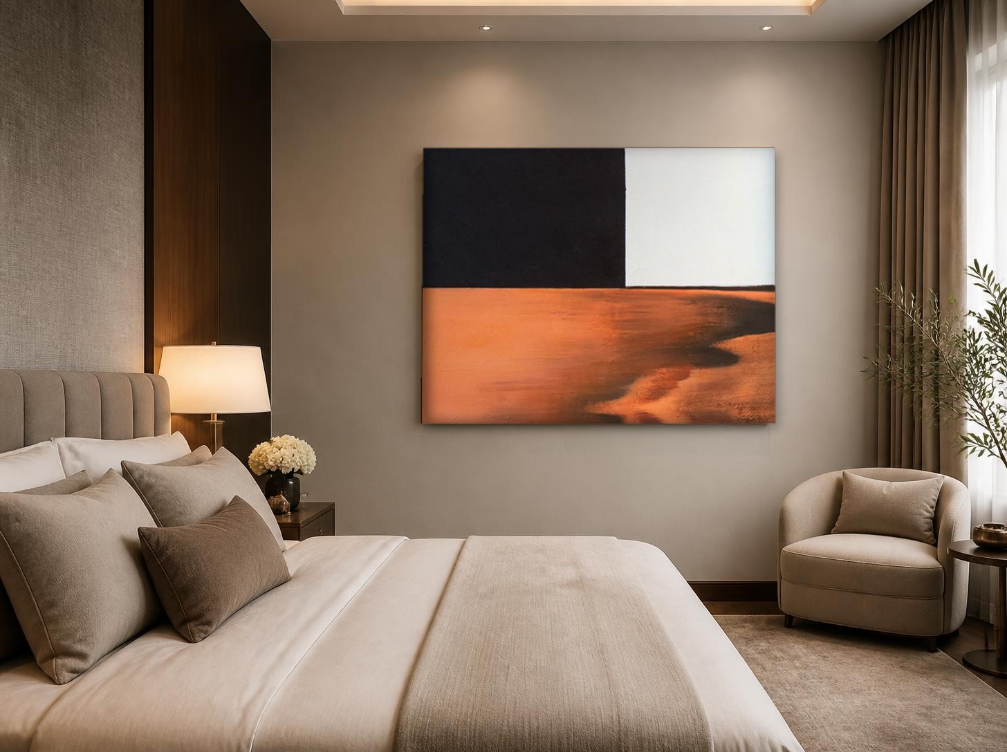 CAS476-1 Horizon in Oker, Abstract & Modern schilderij aan de muur in interieur
