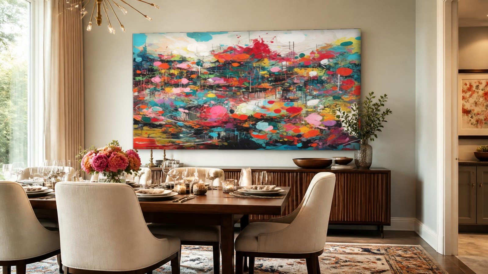 CAS485-1 Bloemenveld in Vuurwerk van Kleur, Abstract & Modern schilderij aan de muur in interieur