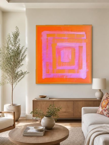 Roze Labyrint, Abstract & Modern schilderij aan de muur in interieur