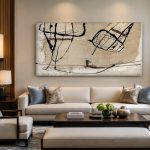 Kalligrafische Lijnen in Zand, Abstract & Modern schilderij aan de muur in interieur