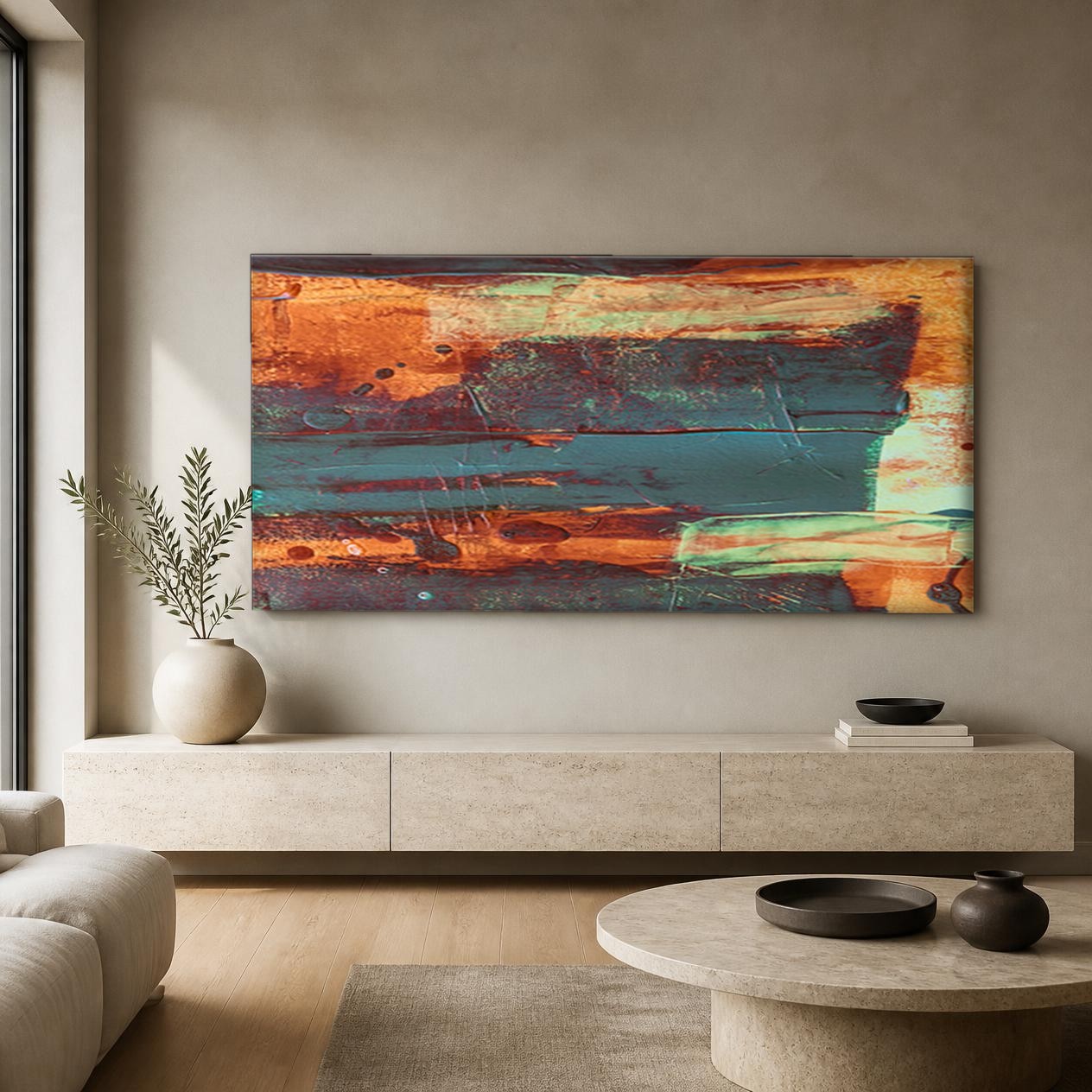 CAS493-1 Roest en Turquoise, Abstract & Modern schilderij aan de muur in interieur