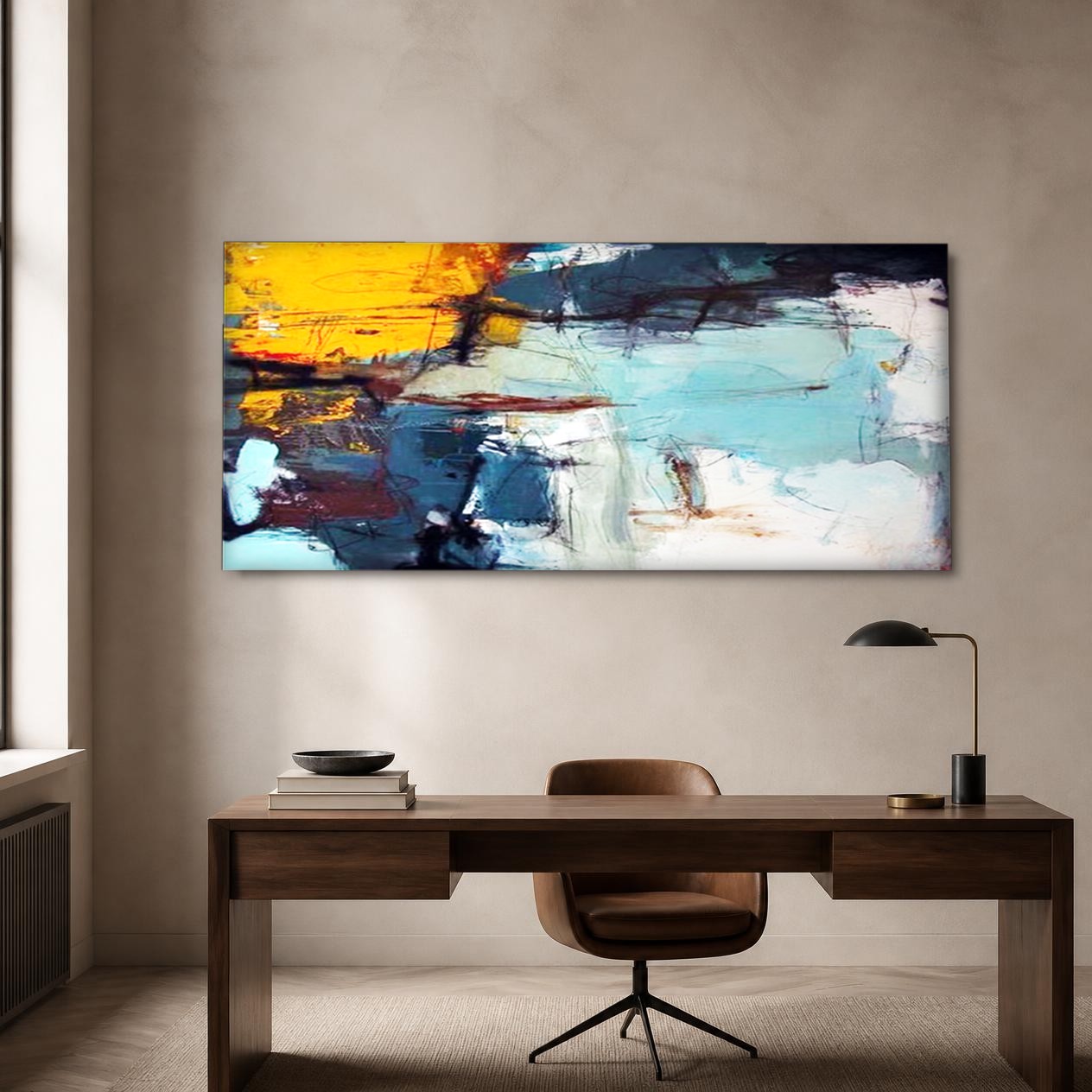 CAS496-1 Oker en Turquoise in Beweging, Abstract & Modern schilderij aan de muur in interieur
