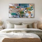 Kleurvlakken in Groen en Oker, Abstract & Modern schilderij aan de muur in interieur