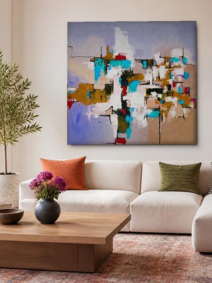 Turkoois Kleurenspel, Abstract & Modern schilderij aan de muur in interieur