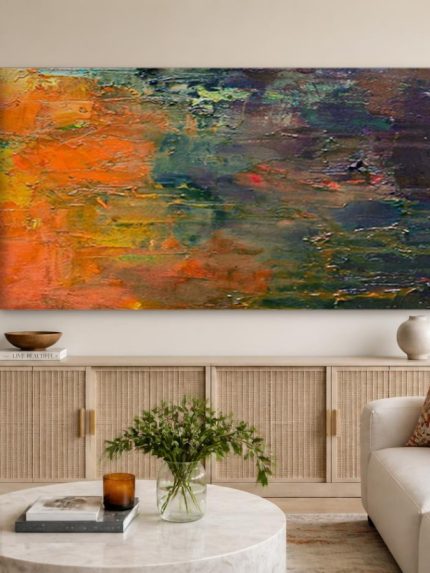 Kleurspel in Vuur en Schaduw, Abstract & Modern schilderij aan de muur in interieur