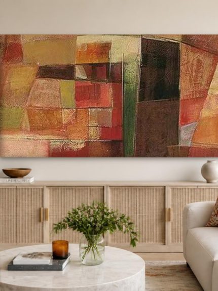Geometrisch Spel in Aardetinten, Abstract & Modern schilderij aan de muur in interieur