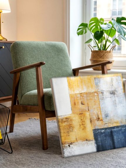 Kleurvlakken in Oker en Grijsblauw, Abstract & Modern schilderij aan de muur in interieur