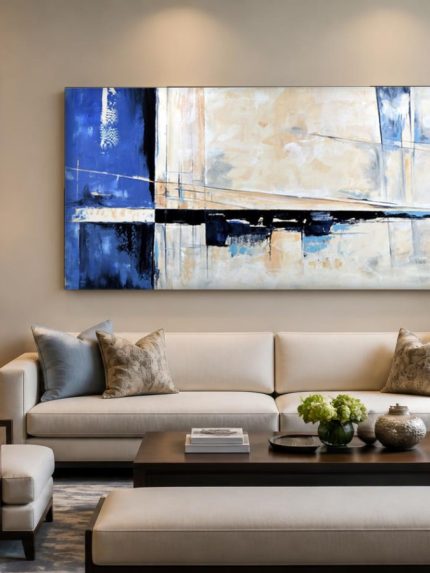 Blauwe Horizonlijnen, Abstract & Modern schilderij aan de muur in interieur