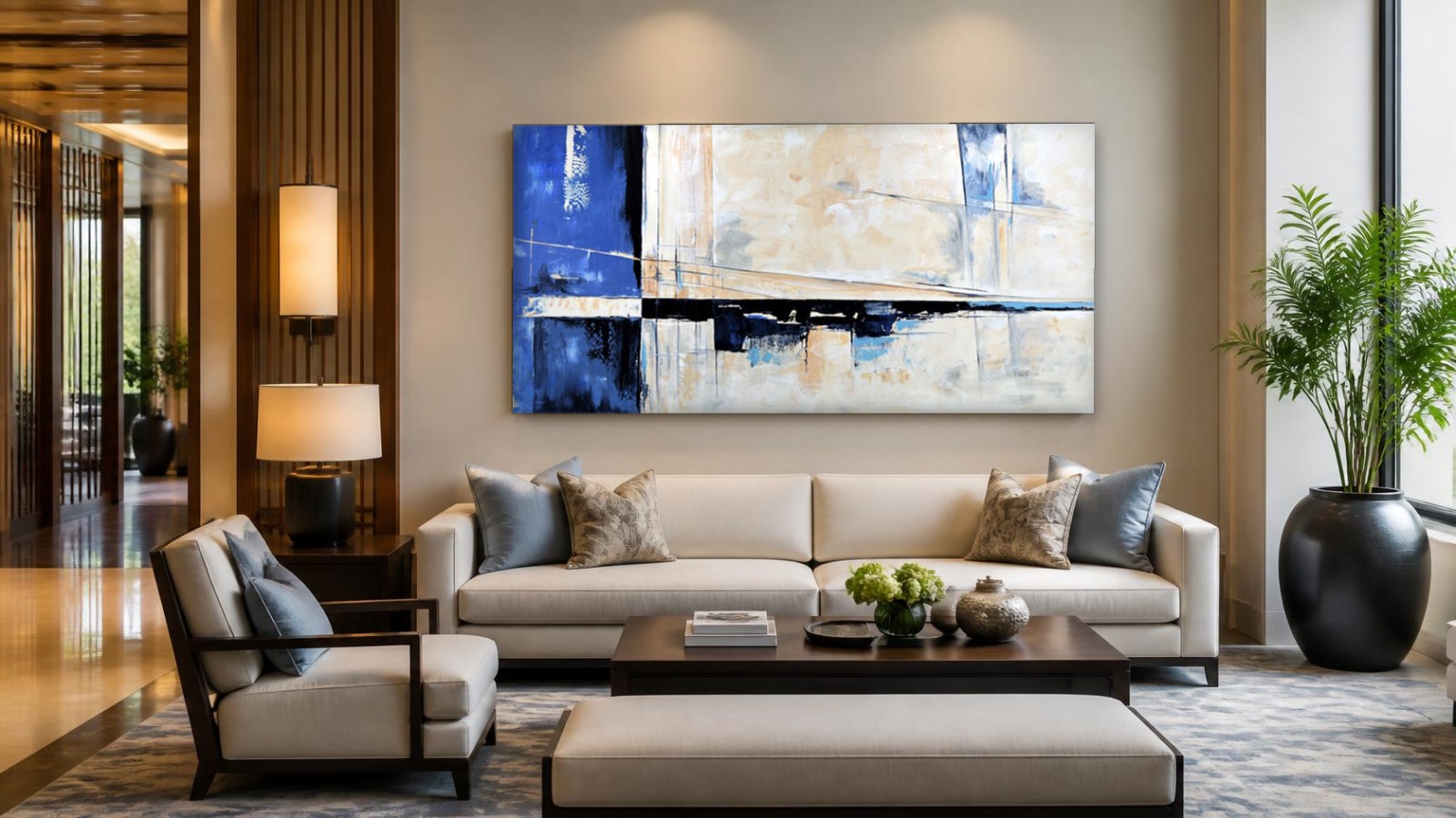 CAS544-1 Blauwe Horizonlijnen, Abstract & Modern schilderij aan de muur in interieur