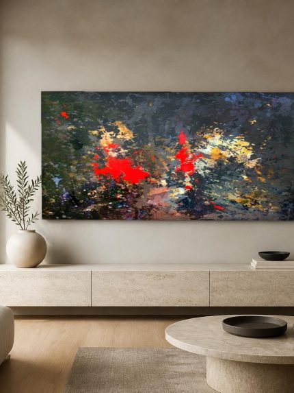 Rode Vonken in het Duister, Abstract & Modern schilderij aan de muur in interieur