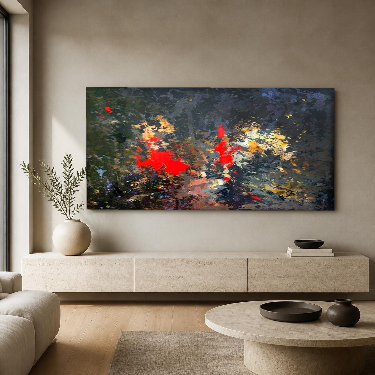 CAS545-1 Rode Vonken in het Duister, Abstract & Modern schilderij aan de muur in interieur