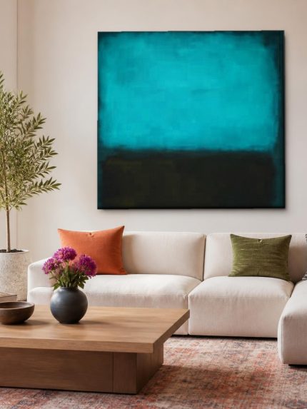 Turkoois Rustpunt, Abstract & Modern schilderij aan de muur in interieur