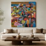 Mozaïek van Vormen, Abstract & Modern schilderij aan de muur in interieur