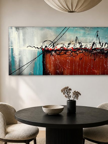 Koper en Teal, Abstract & Modern schilderij aan de muur in interieur