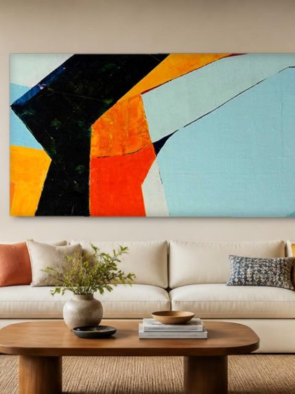 Geometrische Vlakken in Oranje en Blauw, Abstract & Modern schilderij aan de muur in interieur